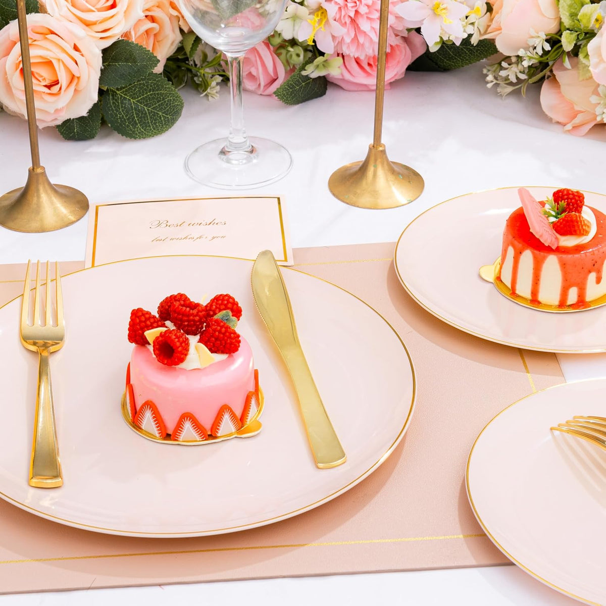 KIRE 175PCS Pink Plates Disposable - Heavy Duty Pink and Gold Plastic Plates Dinnerware Sets - 25