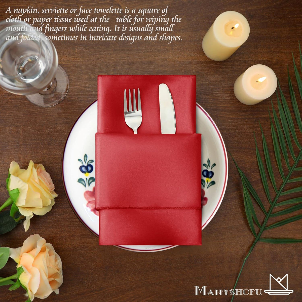 Manyshofu 50 Pieces Red Satin Napkins - 12x12 Inches Cloth Napkins, Square Satin Fabric Napkin Set