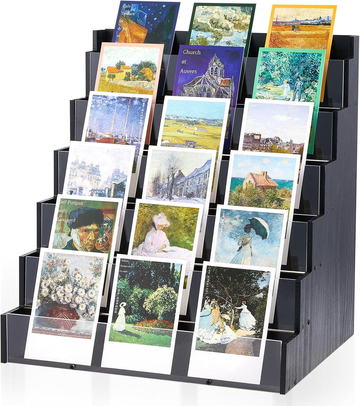 6 Tier Greeting Card Display Stand Black Bamboo and Acrylic Sticker Display Stand Trading Card