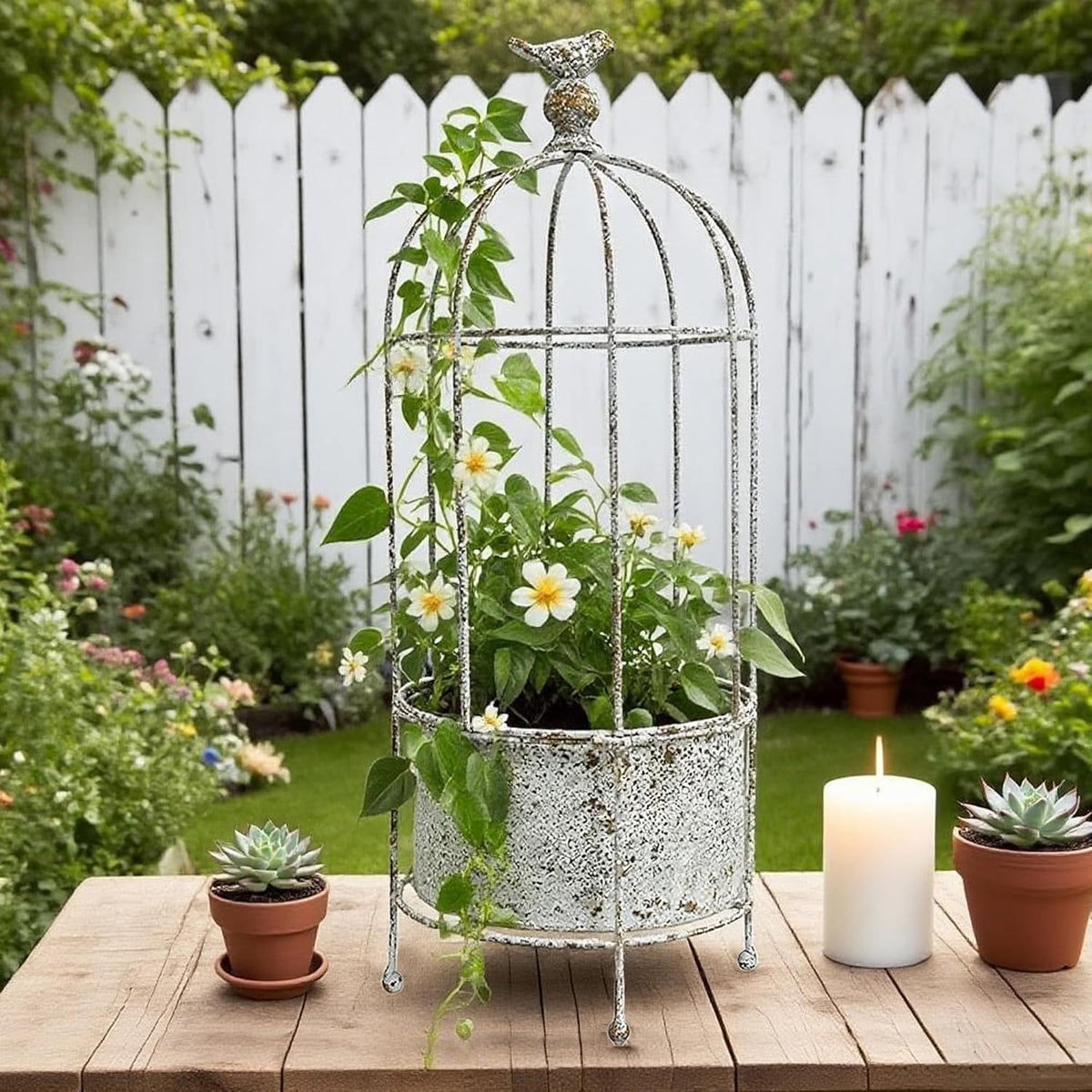 Vintage Rustic Birdcage Planter Stand, Farmhouse Distressed Decorative Metal Round Plants Holder