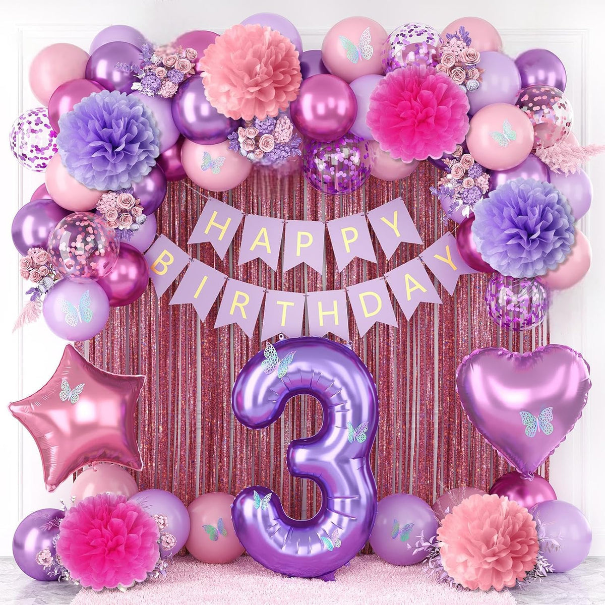 Pink Purple 3rd Birthday Party Decorations for Girls Number 3 Balloon Happy Birthday Banner