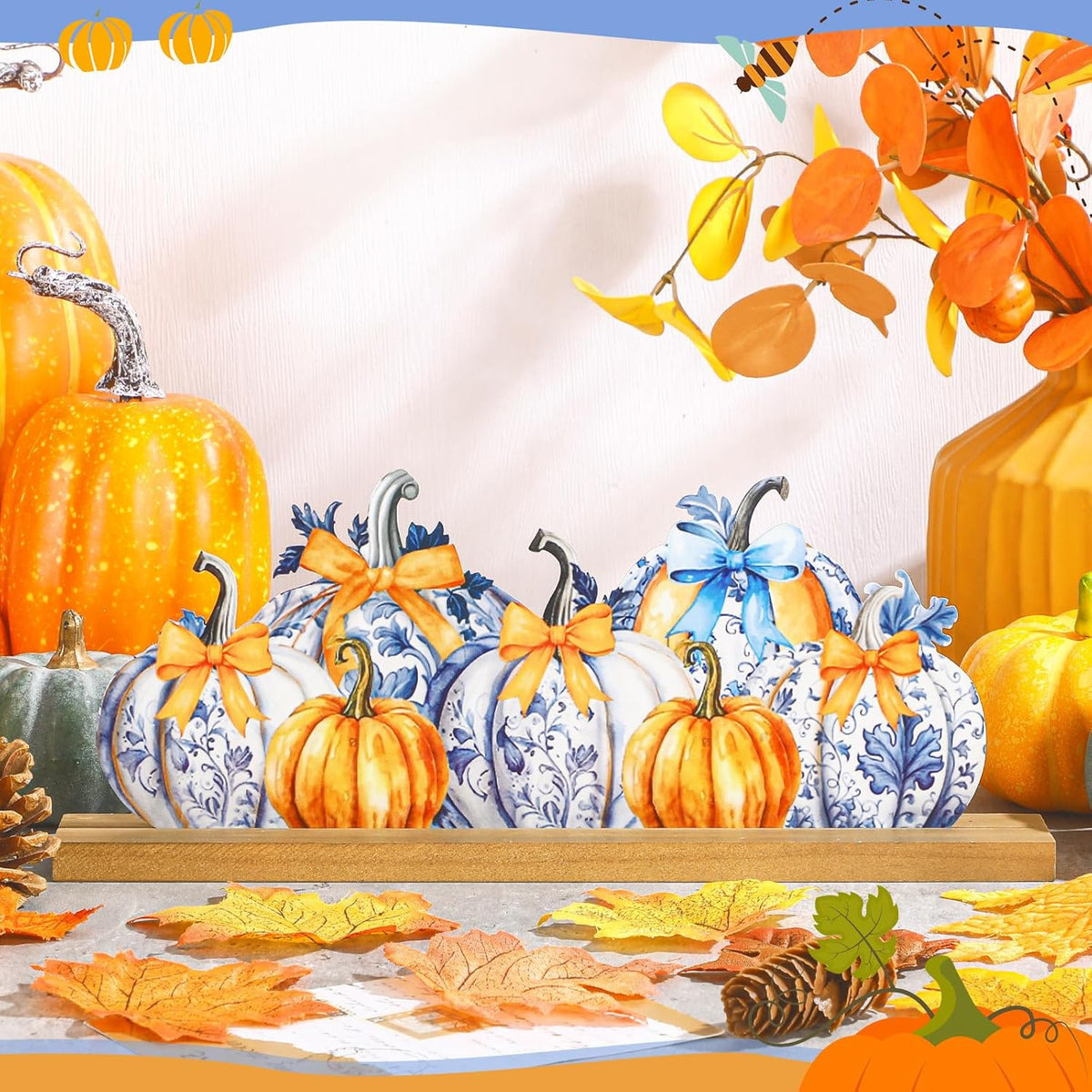 Fall Pumpkin Metal Sign Chinoiserie Pumpkin Table Decor Thanksgiving Tiered Tray Decor with Wooden