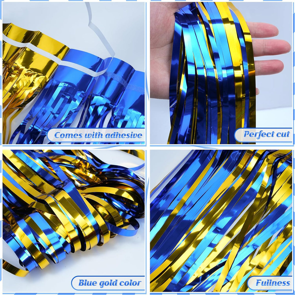 3 Pack 3.3Ft x 6.6Ft Graduation Foil Fringe Curtain Backdrop Decorations, Blue Gold Metallic Tinsel