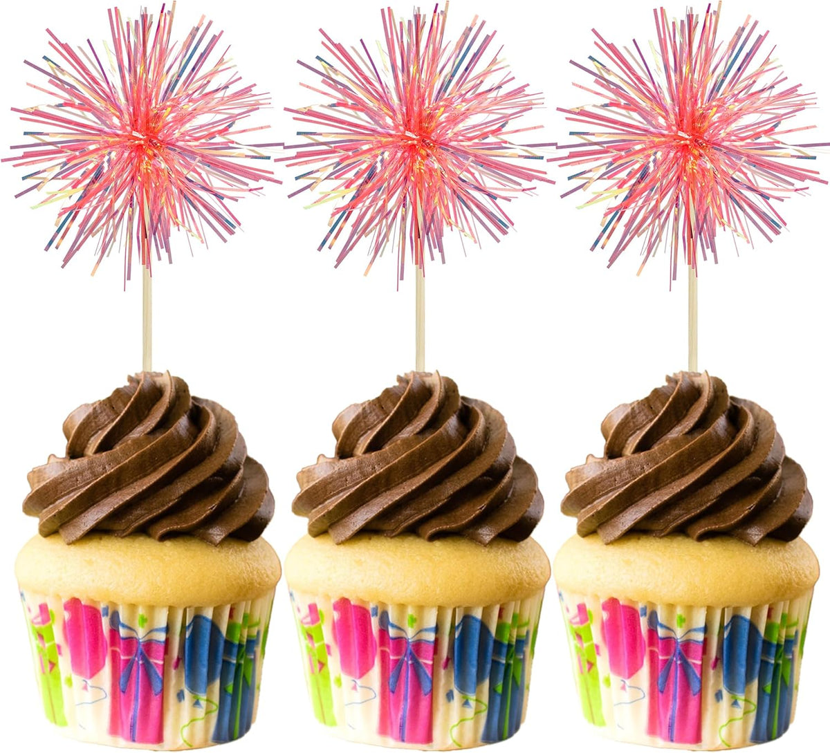 Gyufise 30Pcs Foil Firework Cupcake Toppers Sparkle Tinsel Cake Toppers Tinsel Drink Cake
