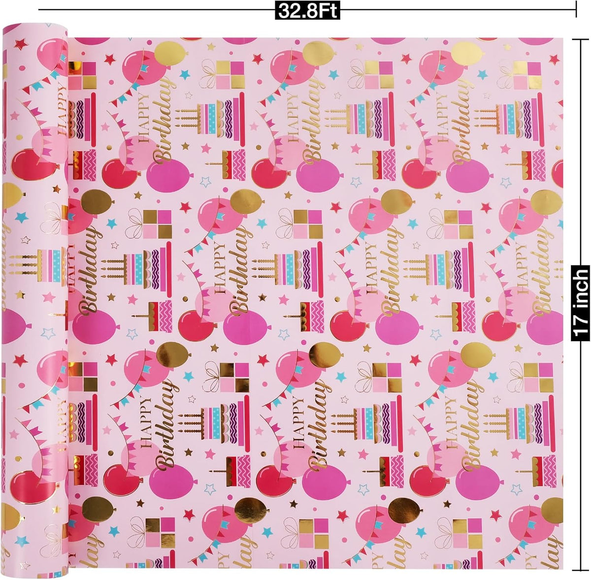 Aimyoo Pink Birthday Wrapping Paper Roll - 17 Inch X 32.8 Feet - Gold Foil Celebration Cake