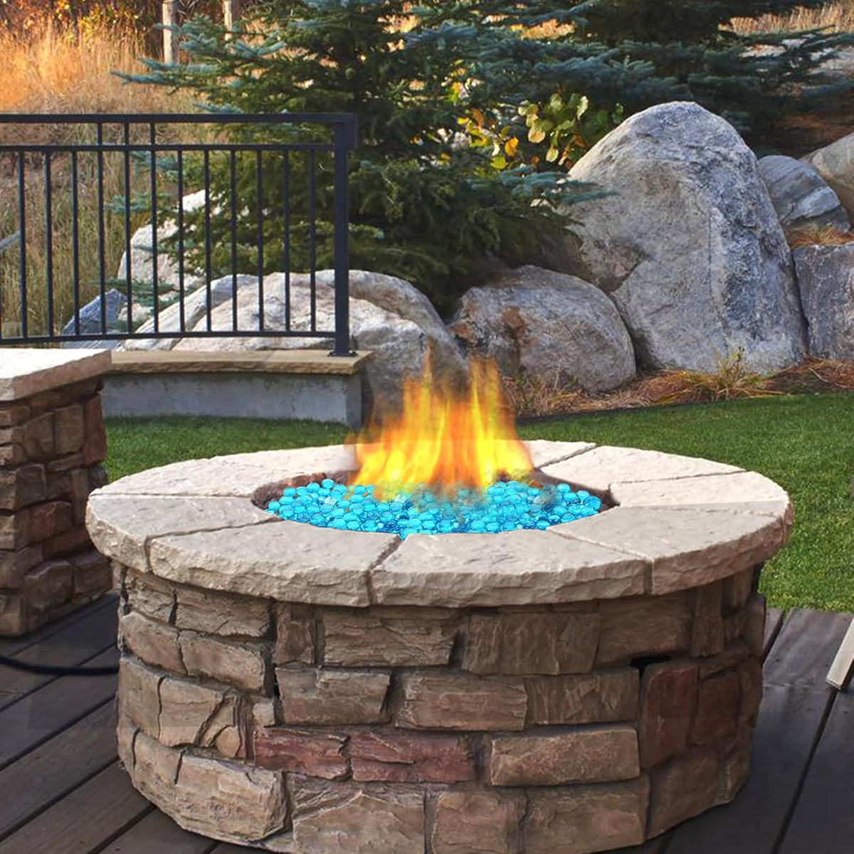 Fire Glass for Propane Fire Pit, Fireplace and Outdoor Decorative. Caribbean Blue Round Firepit