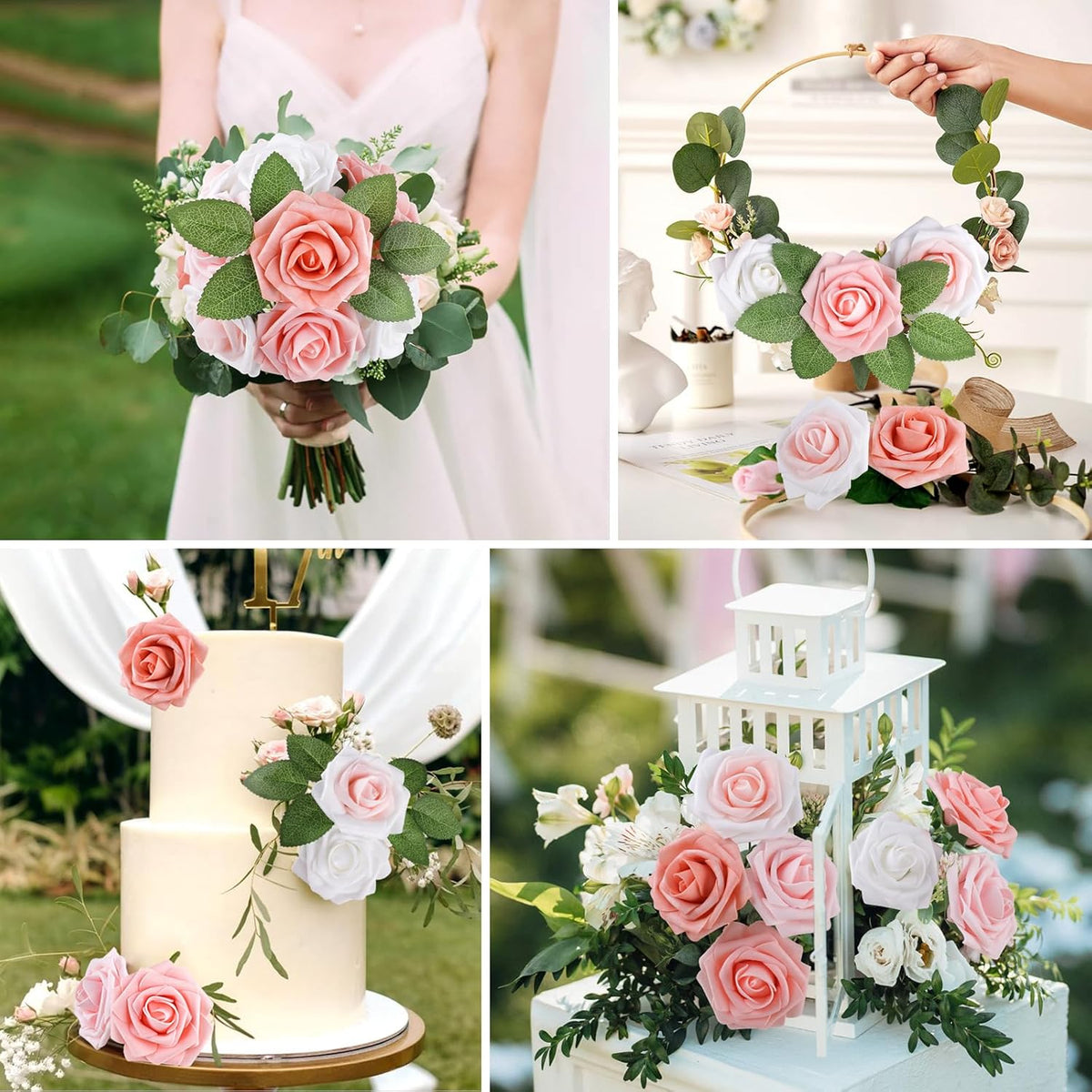 AmyHomie 25pcs Real Looking Artificial Shades of Blush Roses w/Stem for DIY Wedding Bouquets