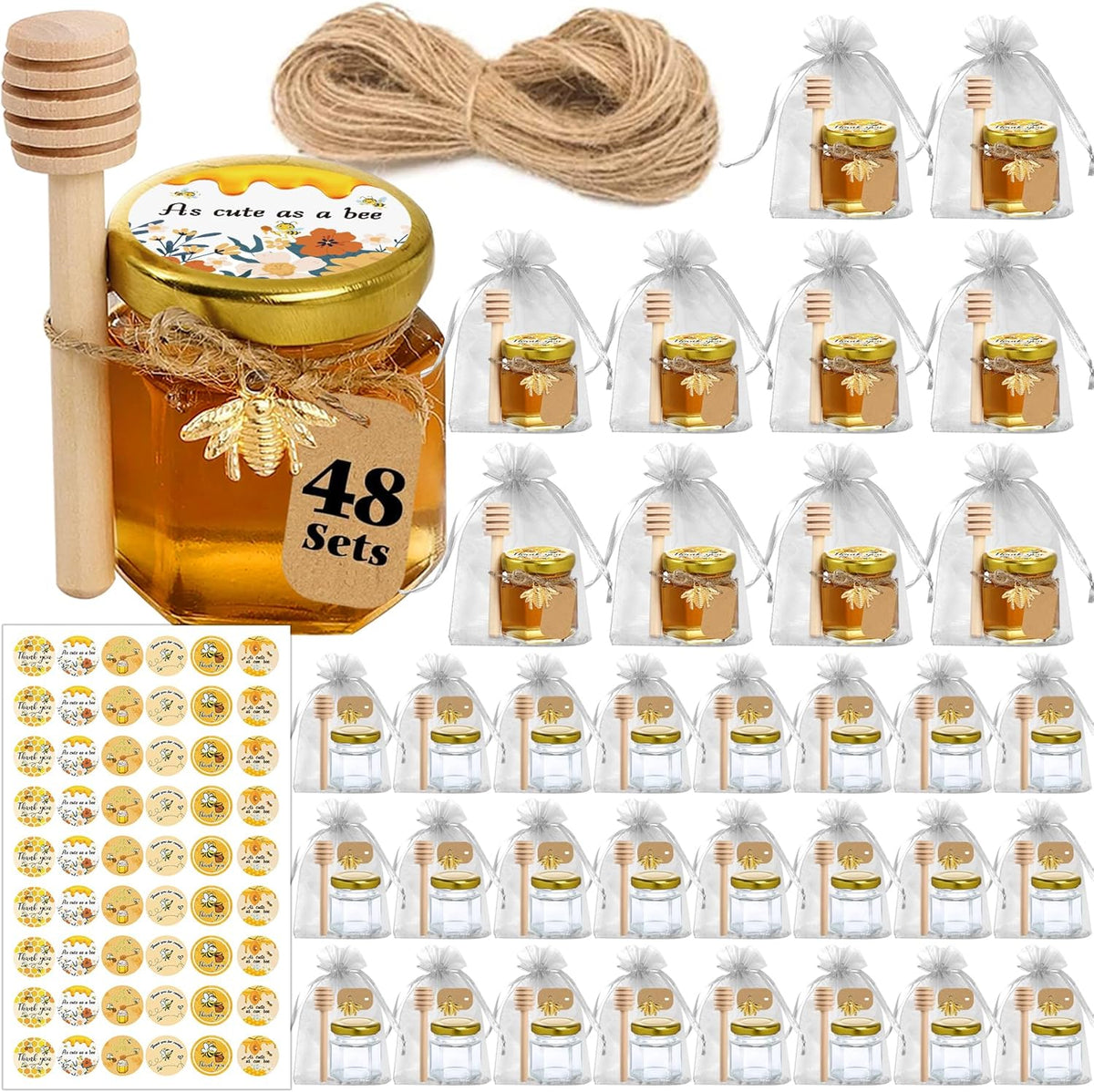 Aliggbent 48 Pack Mini Honey Jars Party Favors in Bulk, 1.5 oz Small Hexagon Glass Honey Jars with