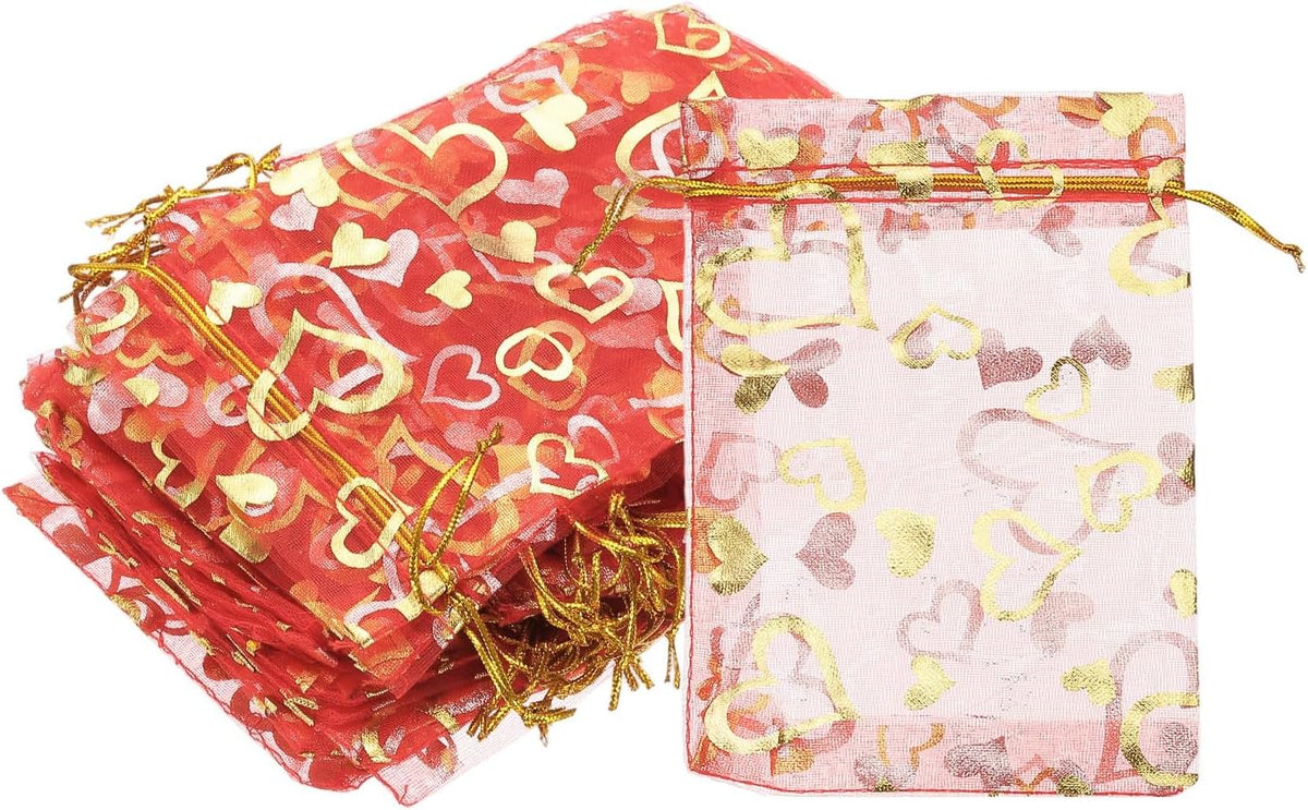 PATIKIL 100 Pcs 4x6 Inch Heart Printed Organza Bags, Red Sheer Heart Organza Bags with Drawstring