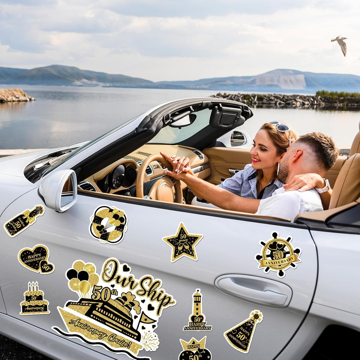 50th Anniversary Cruise Door Magnets Decorations, Gold Black Happy 50th Anniversary Cruise Ship