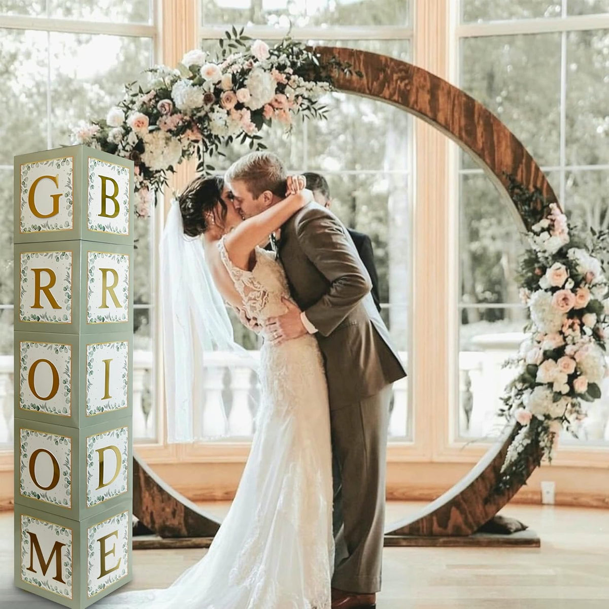101 PC Greenery Bridal Shower Decorations Balloon Boxes Gold- Blocks with BRIDE TO BE + GROOM + A