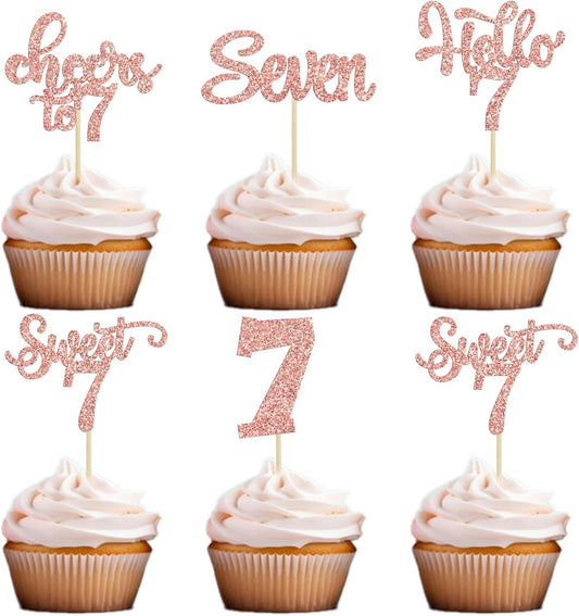 30Pcs 7th Birthday Cupcake Toppers Glitter Seven Happy 7 Cupcake Picks Cheers to 7 Years Old Cake