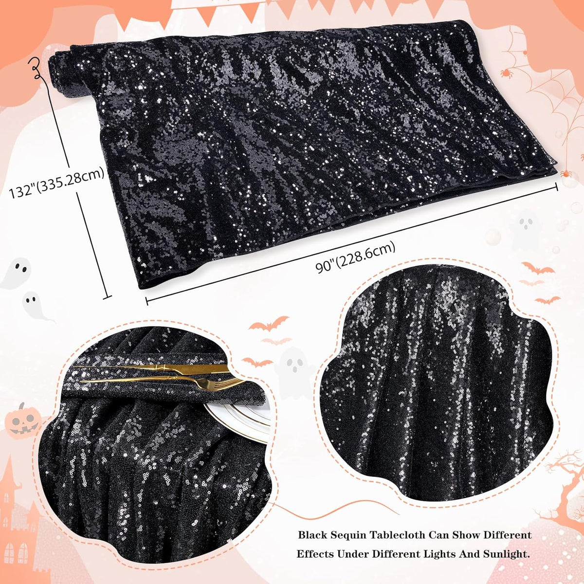 QueenDream Seamless Sequin Tablecloth 90x132 Inch Black Rectangular Tablecloth for Christmas