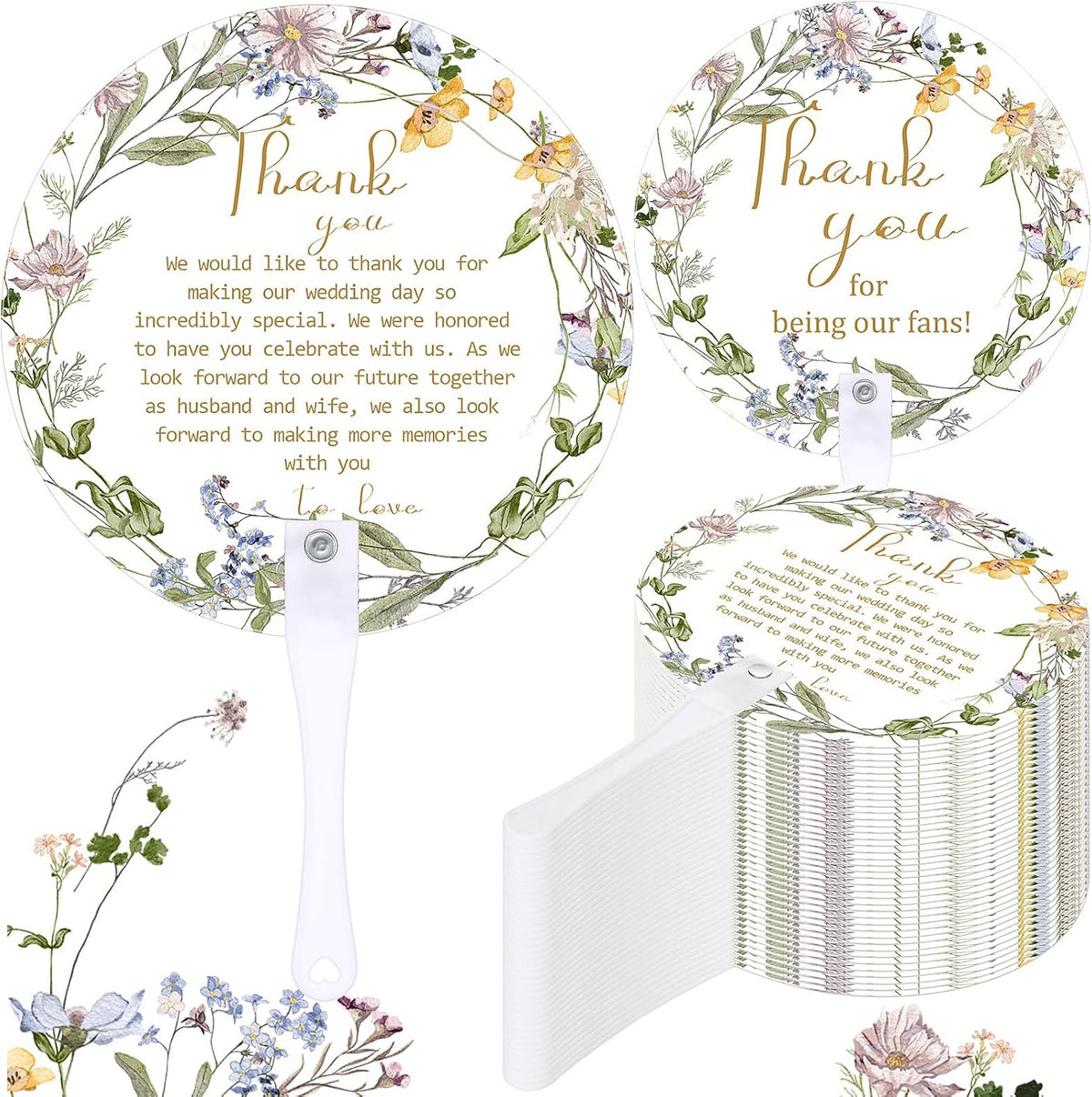 Roowest 100 Pcs Wedding Fans for Guests Bulk Plastic Floral Handheld Wedding Fans with Handle Thank