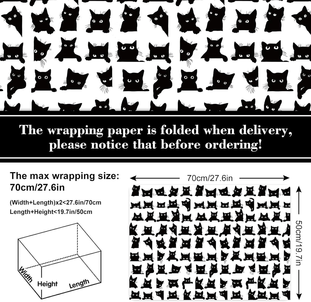 JarThenaAMCS 8 Sheets Cat Wrapping Paper - Not Roll - Cartoon Black Cat Gift Wrap Paper Folded Flat