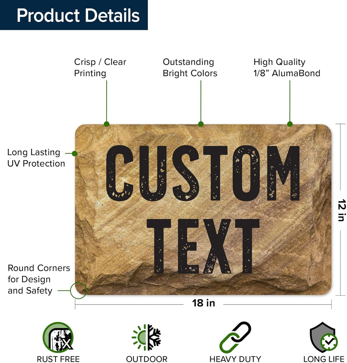 Custom Sign, Custom Street Sign, 11 Font Colors, 13 Font Styles, 4 Hole Options, 22 Sizes, 12x18