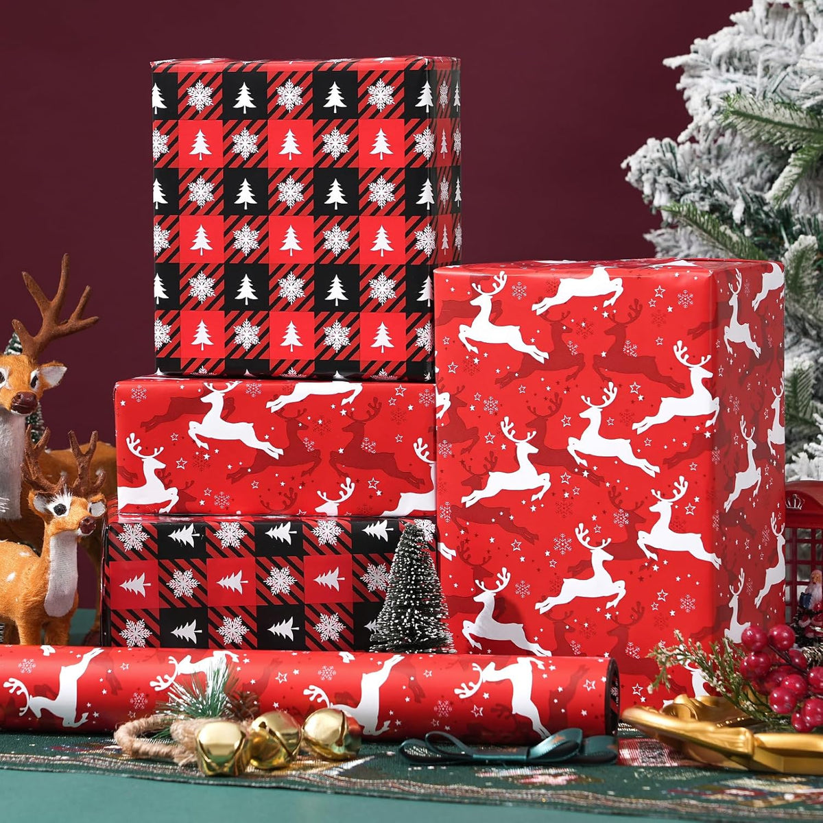 Ulmasinn Reversible Christmas Wrapping Paper Roll - 17" x33ft Double-Sided Designs with Red Nordic