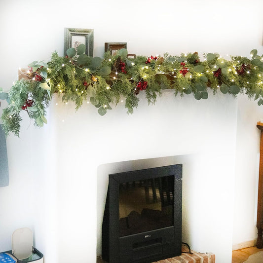 6.3FT Christmas 144 Branch Tips Cedar Garland with LED String Lights, Anna's Whimsy Seasonal
