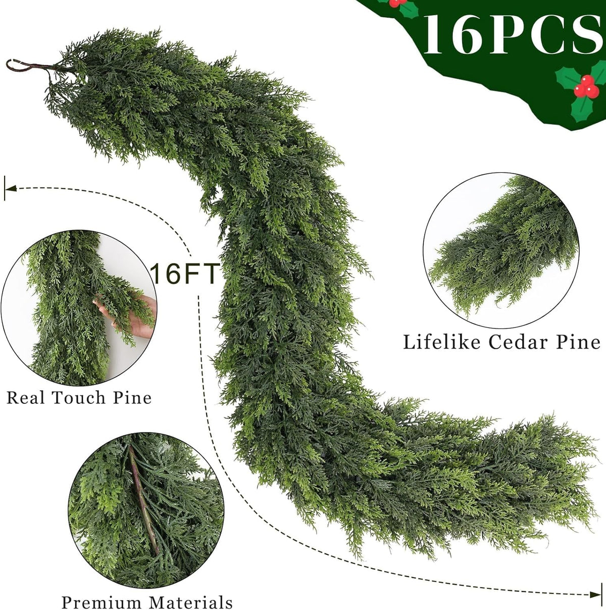 16FT Real Touch Cedar Garland - Artificial Christmas Garland Fake Green Faux Thick and Lush Pine