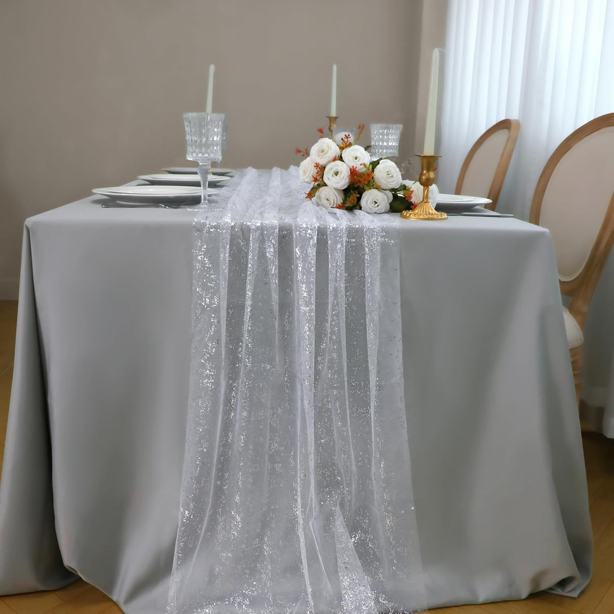 Snowkingdom 10 Pcs 10 FT Silver Table Runners, Sheer Chiffon Gauze Cheesecloth Runner, Sequin