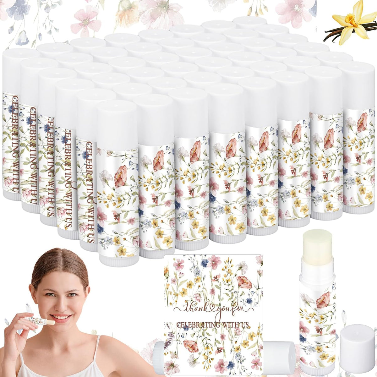 50 Pcs Wildflower Wedding Bridal Shower Gifts Bulk Floral Lip Balm Baby Shower Party Favors Thank