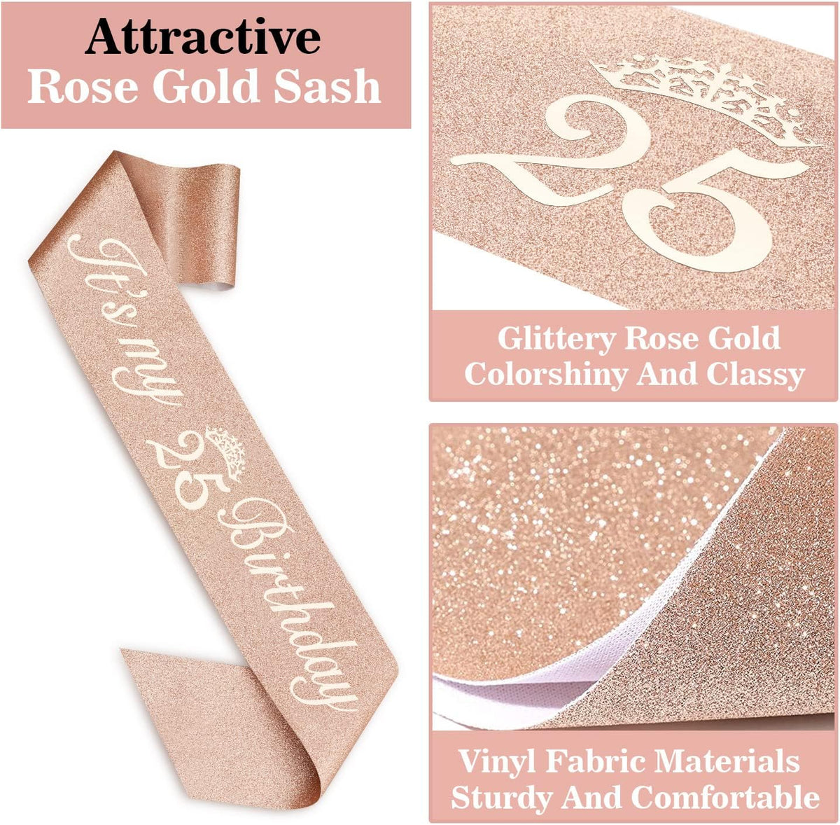 25th Birthday Decorations for Women Including Sash, Tiara/Crown, Numeral Candles and Cake Topper