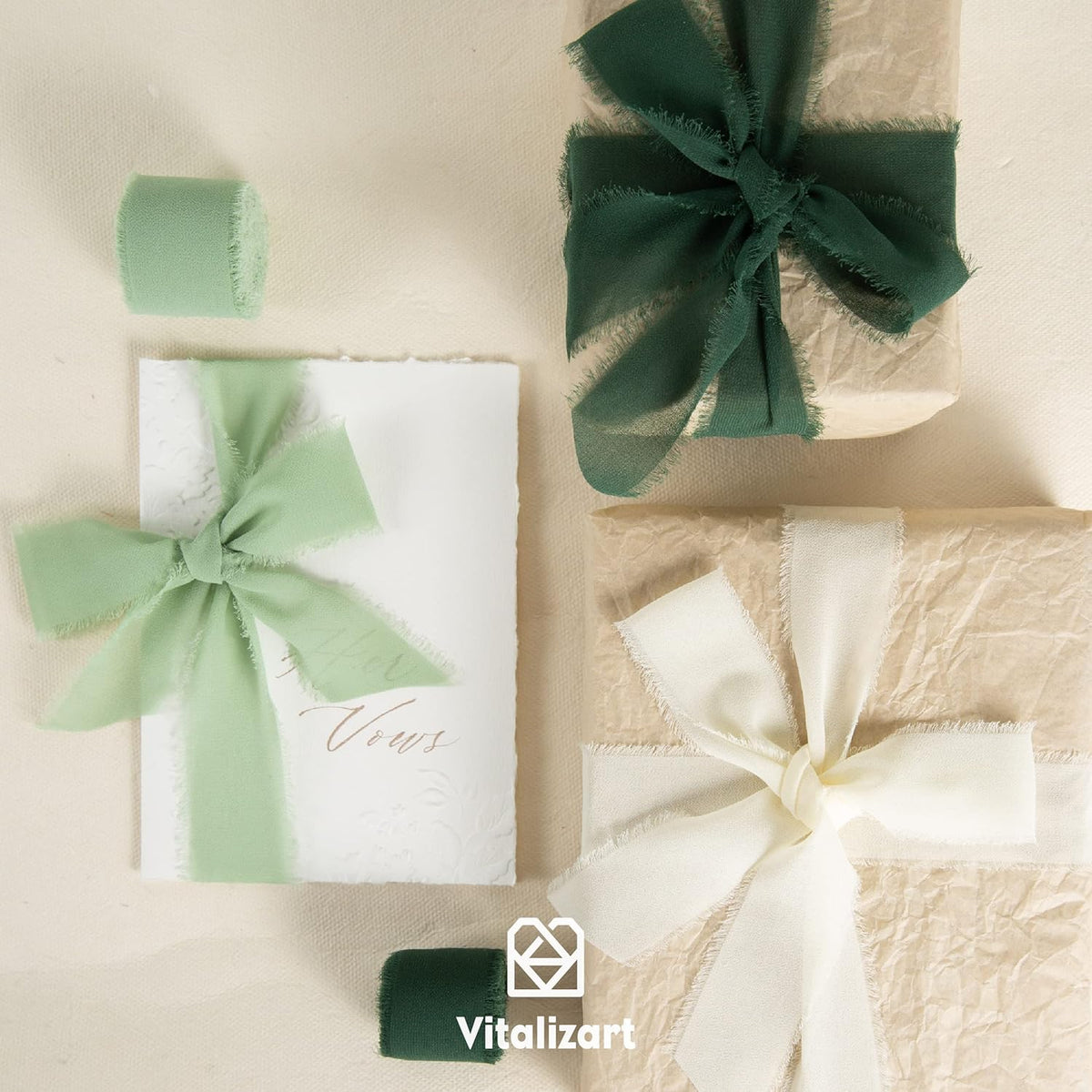 Vitalizart Handmade Chiffon Silk Ribbon Fringe Green & Cream 1.5" x 21 Yd Frayed Edges Ribbons for