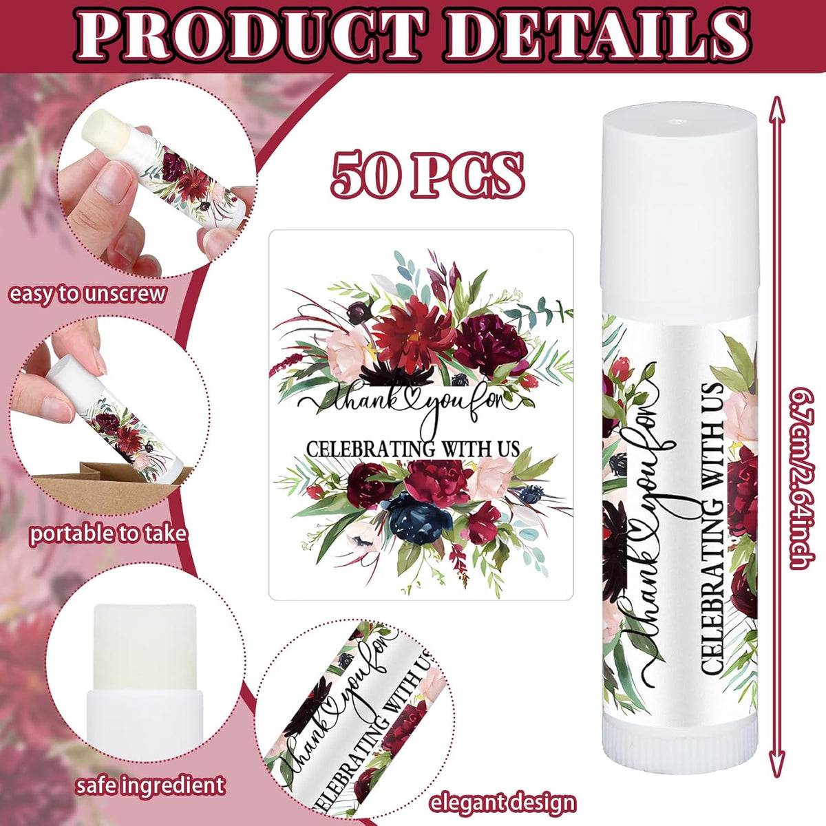 50 Pcs Wedding Bridal Shower Gifts Party Favors Bulk Floral Lip Balm Baby Shower Thank You