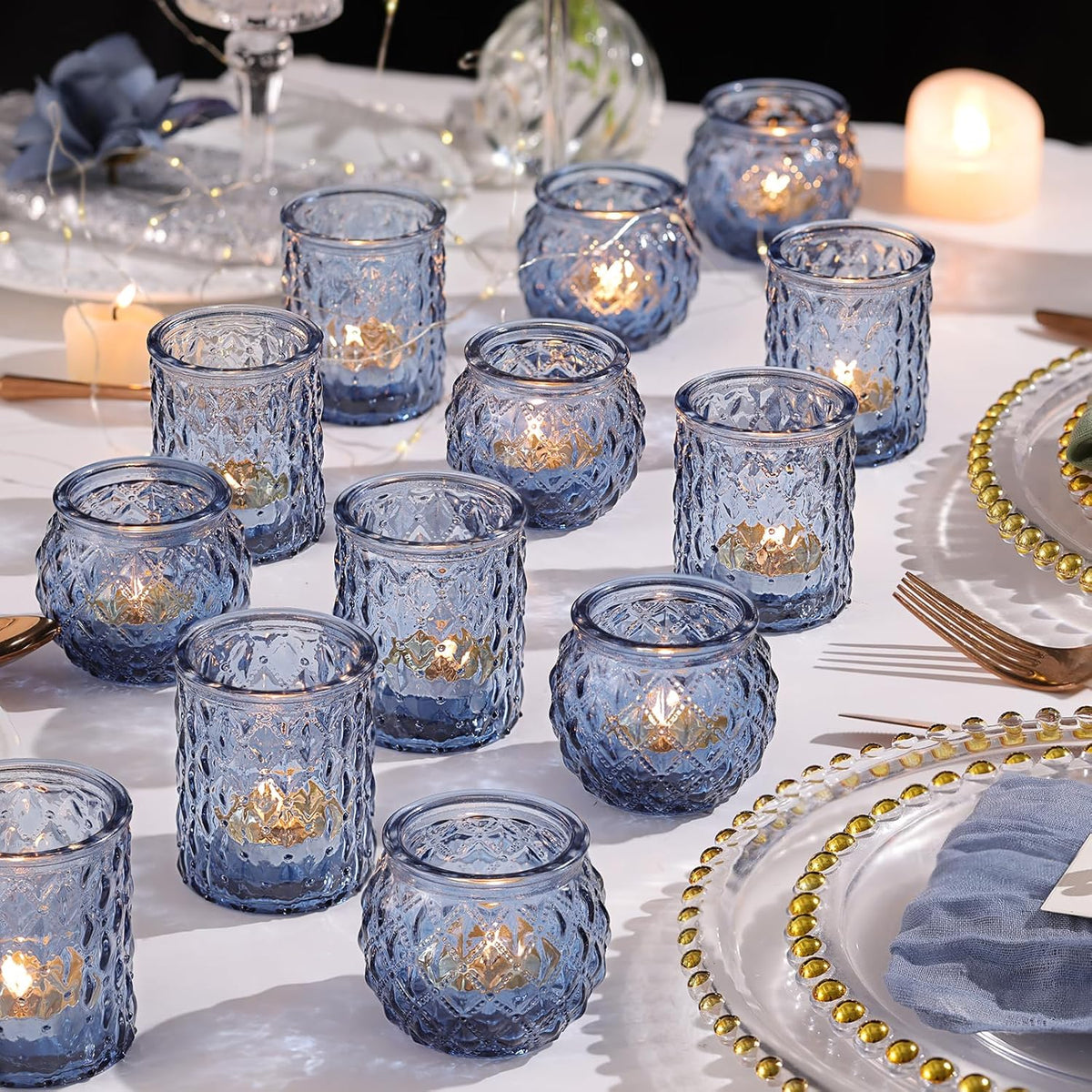12pcs Assorted Blue Votive Candle Holders, Tea Lights Candle Holder for Wedding Decor, Blue Candle