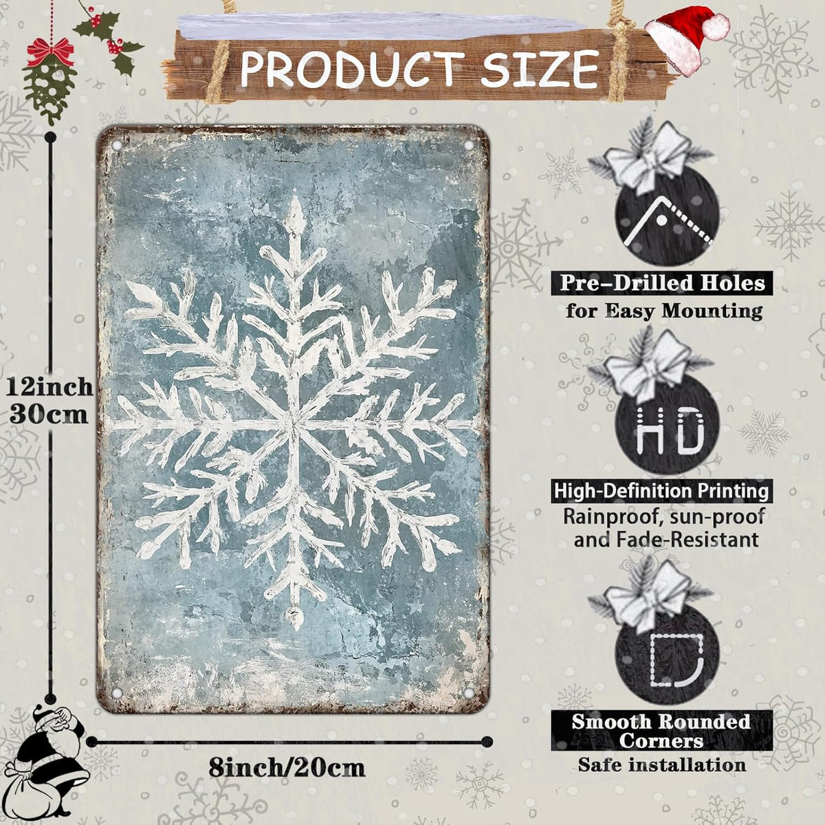 Vintage Christmas Tin Sign - Winter Snowflakes Metal Tin Sign - Wall Decor Sign for Outdoor