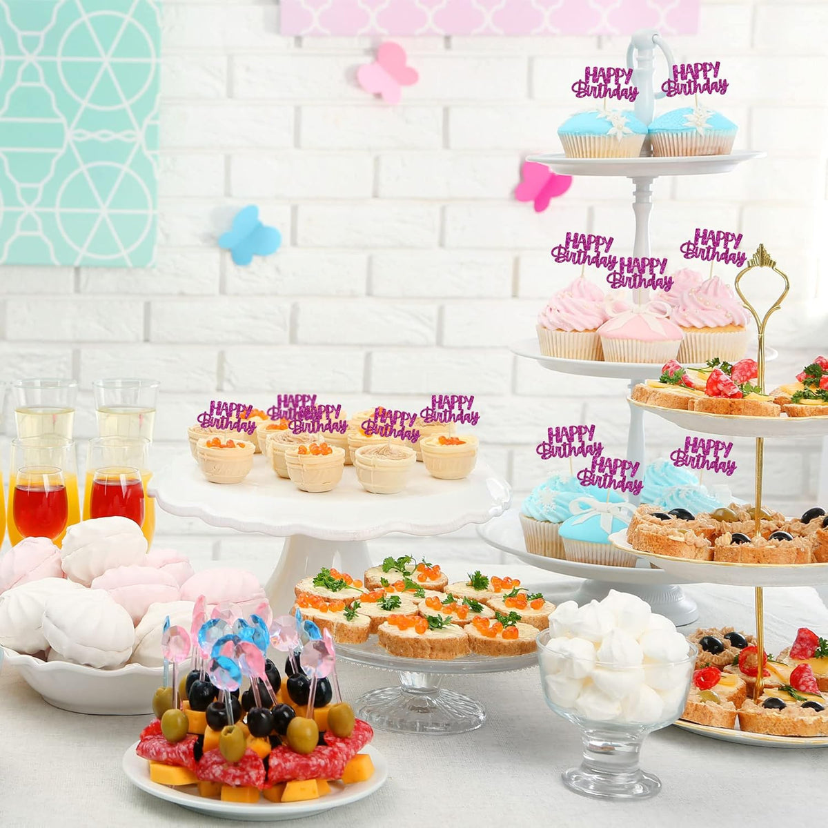 Gyufise 24Pcs Happy Birthday Cupcake Toppers Glitter Birthday Cupcake Food Picks for Celebrating