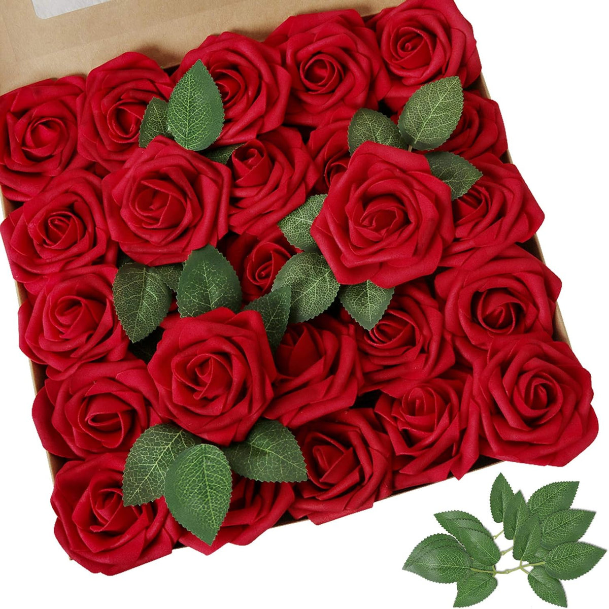 AmyHomie Artificial Flower Dark Red Rose 25pcs Real Looking Fake Roses w/Stem for DIY Wedding