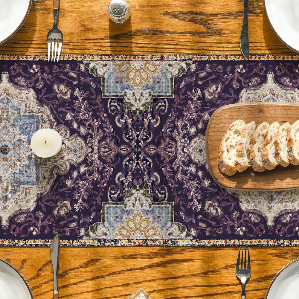Artoid Mode Boho Bohemia Style Purple Table Runner, Country Rustic Farmhouse Magical Mardi Gras