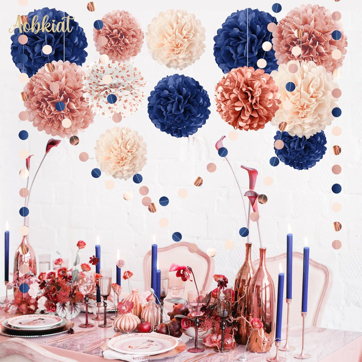 AOBKIAT Rose Gold and Navy Blue Party Decorations Set,Tissue Paper Pom Poms,Paper Garland for Women