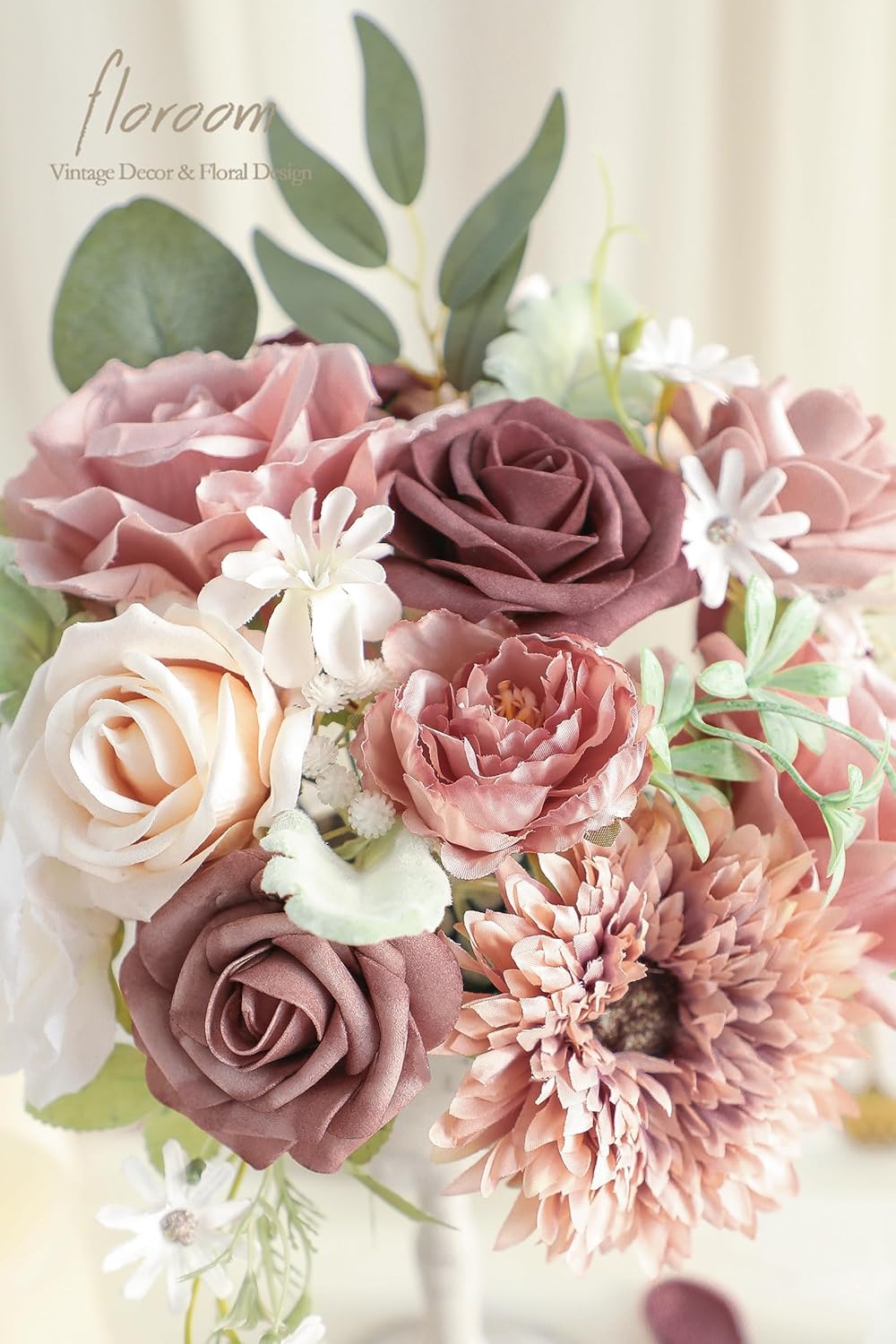Floroom Dusty Rose Mauve Artificial Flowers Fake Roses Peony and Greenery Combo Box Set for DIY