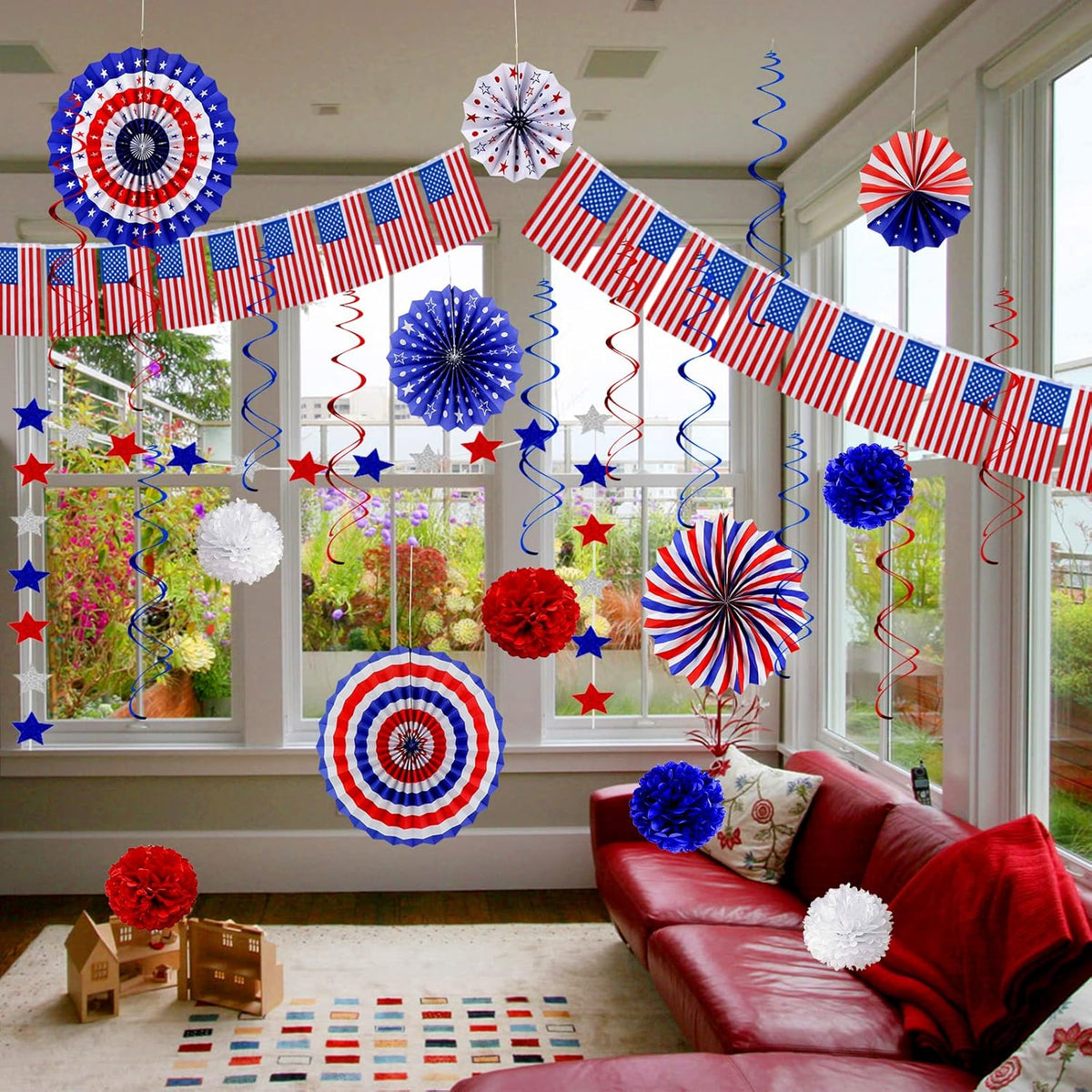 26Pcs 4th of July Decorations Patriotic Decor USA Flag String Red White Blue Paper Fans Star