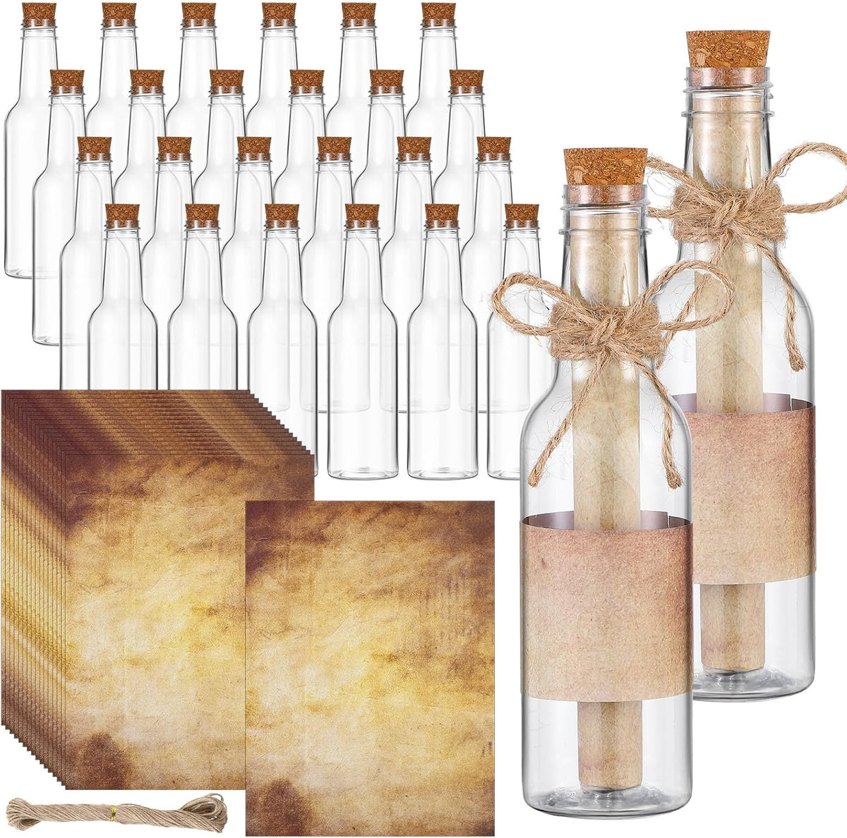 Baderke 48 Pcs 5.6 oz Message Bottles with Letter Printer Paper Plastic Bottles & Corks Twines for