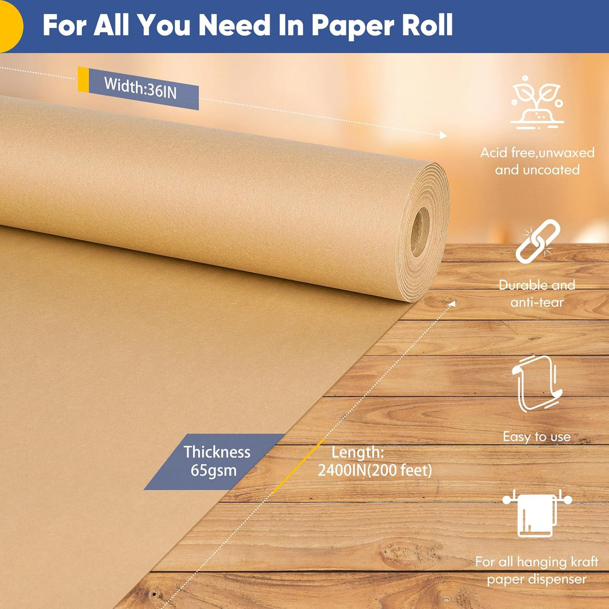 Vanhench 36"x 2400" (200') Large Brown Wrapping Easel Paper Roll, Bulletin Board Paper, Art Packing