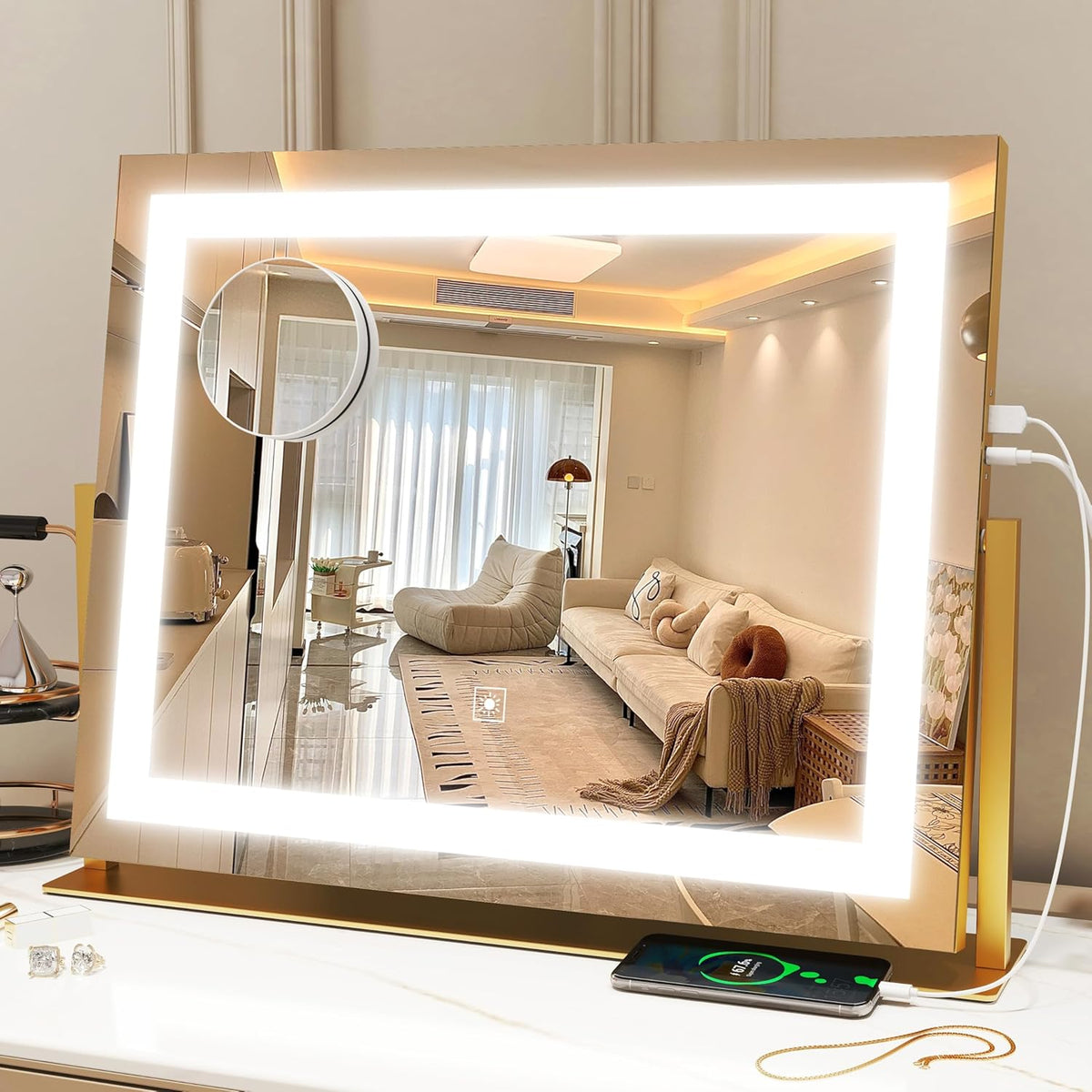 Vanity Mirror with Lights 22"x18", Lighted Makeup Mirror with 10X Magnification, Smart Touch 3