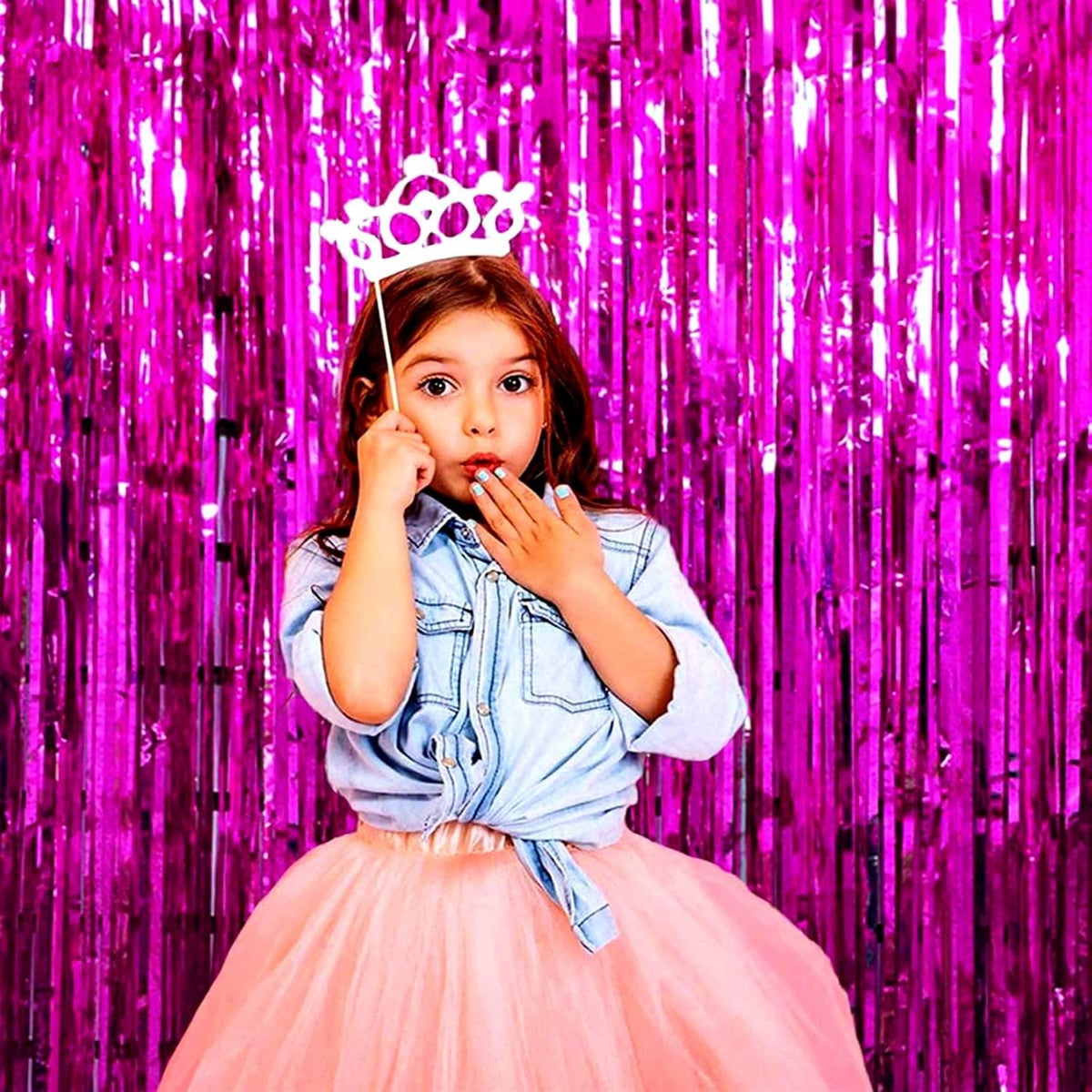 4 Pack Fuchsia Foil Fringe Curtain Backdrop,3.28Ft x 8.2Ft Metallic Tinsel Foil Fringe Streamer