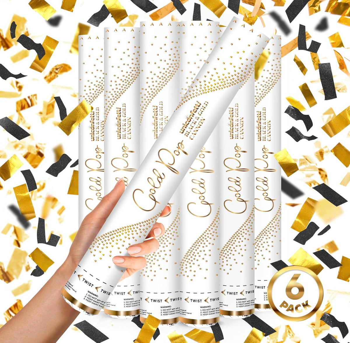 BLACK & GOLD Confetti Poppers - 16" BIODEGRADABLE BLACK & GOLD Confetti Cannon, Party Poppers