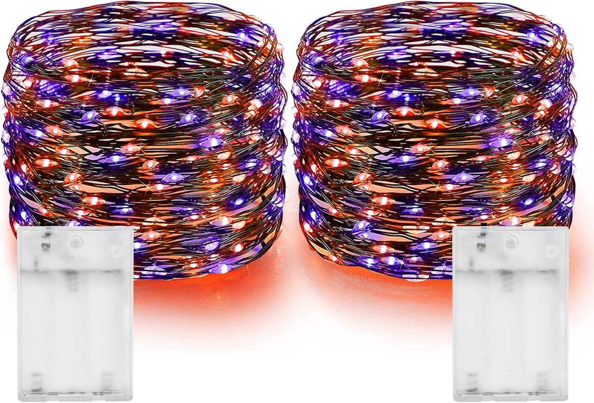 Dazzle Bright Purple and Orange Halloween Fairy String Lights, 2 Pack Total 40FT 120 LED Copper