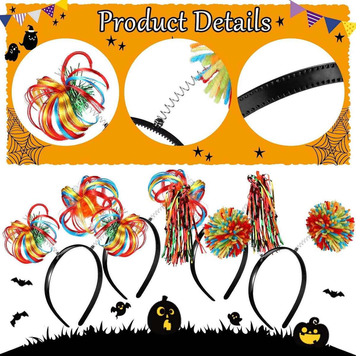 Censen 12 Pcs Halloween Pom Pom Party Headbands Tinsel Ponytails Spirit Head Bopper Headwear for