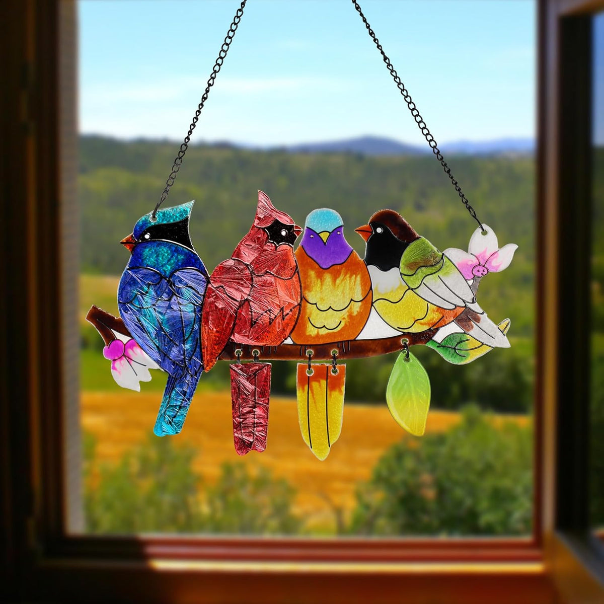 Stained Glass Window Hanging, Birds on A Branch Stain Glass Suncatcher, Hand-Painted Sun Catchers