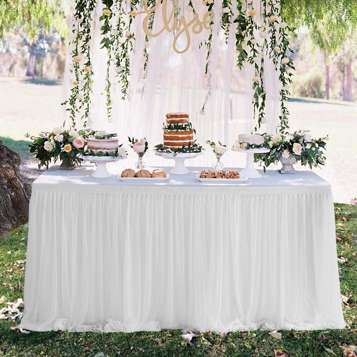 9ft Table Skirt White Tulle Tablecloth Tutu Table Skirt for Wedding Bridal Baby Shower Birthday