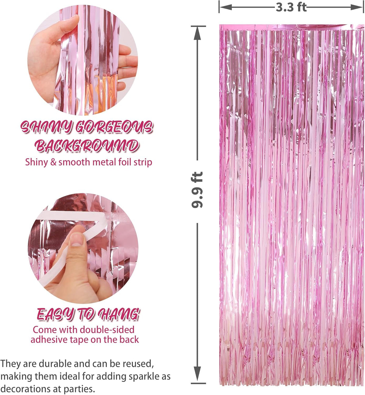 Crosize 3 Pack 3.3 x 9.9 ft Pink Foil Fringe Glitter Curtains Party Decorations, Tinsel Backdrop