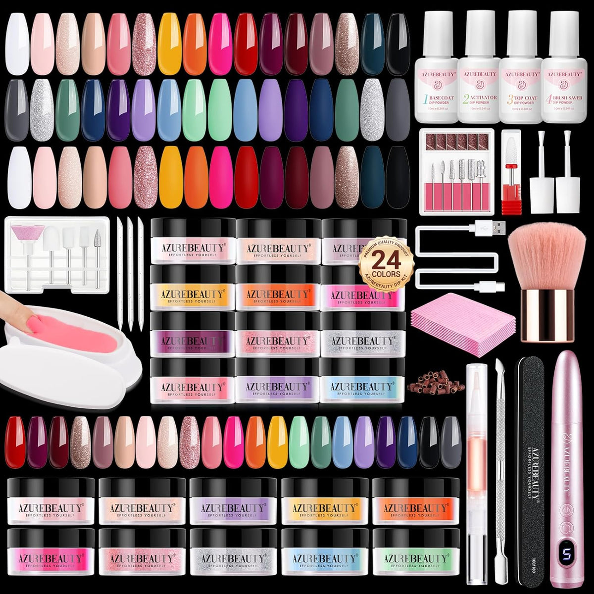 AZUREBEAUTY Dip Powder Nail Kit with Electric Nail Drill 24 Colors Nude Pink Glitter Red Green Nail