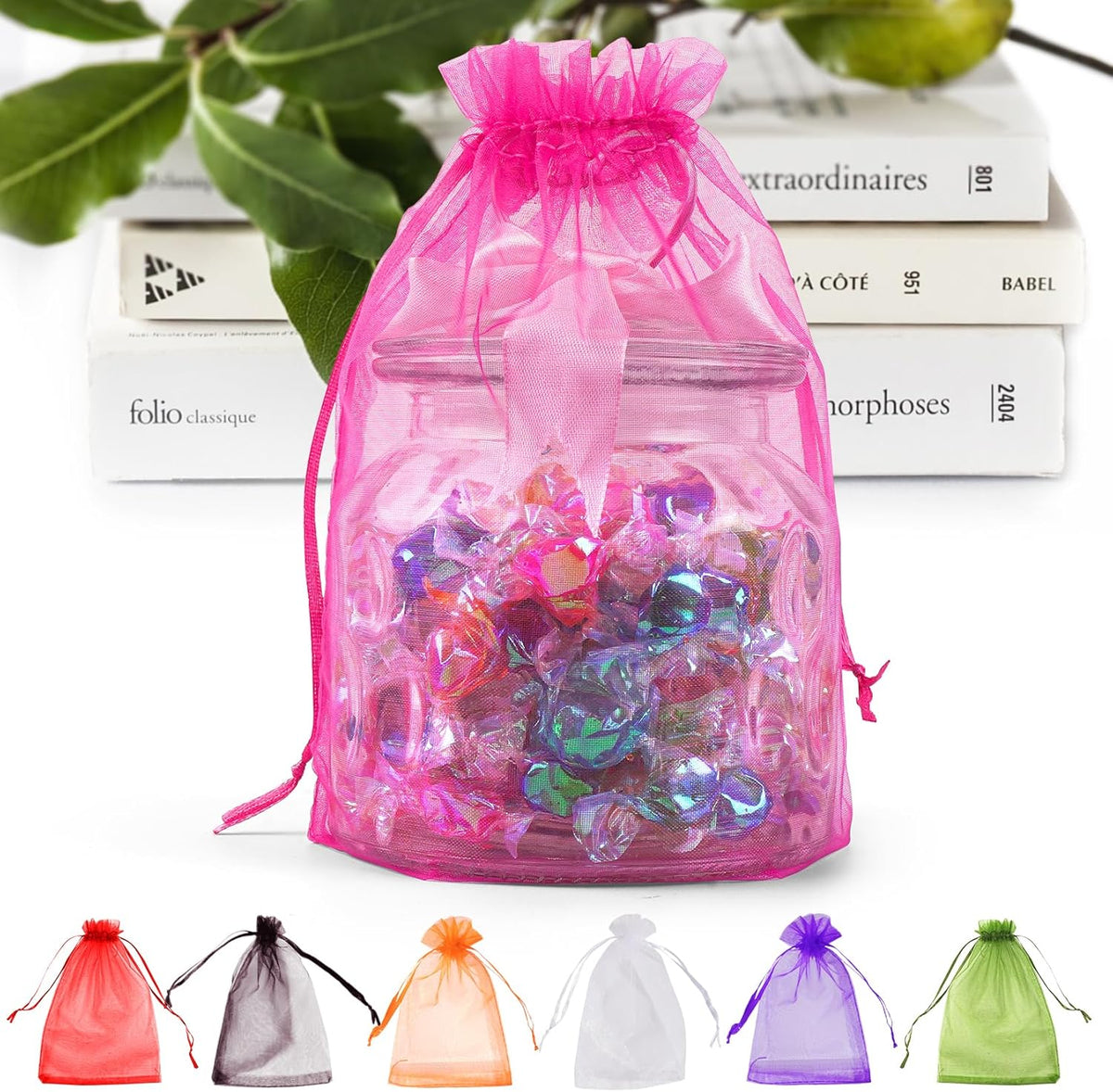 ANZNKU 50 Pack Hot Pink Organza Bags 6x9 inches, Jewelry Pouches Drawstring, Mesh Bags for Gifts