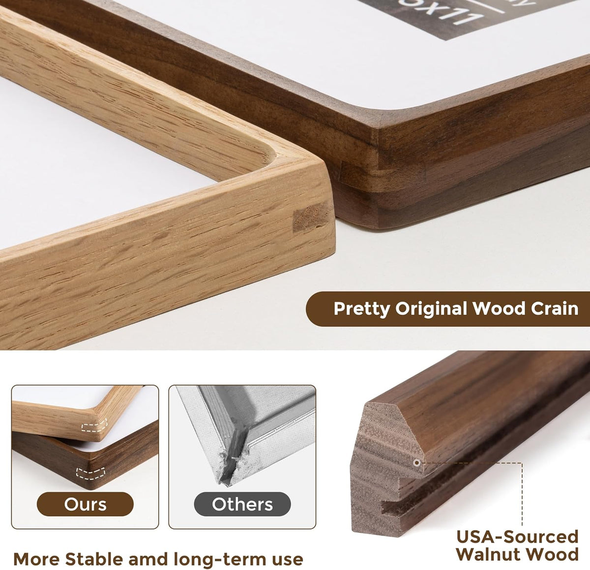 12x16 Frame USA-Sourced Natural Walnut Wood Solid Wood Photo Frame Handcrafted Rounded Corner with