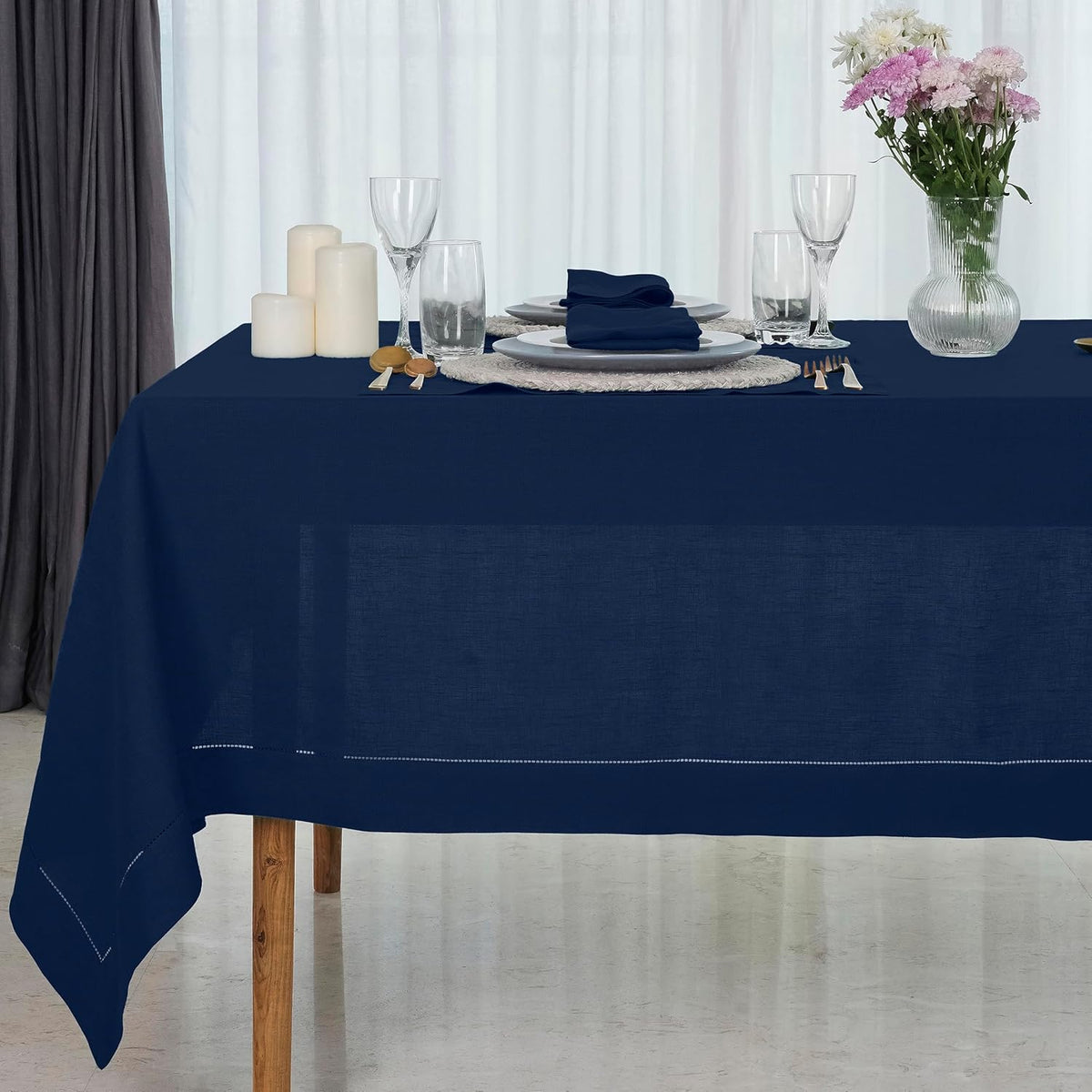 D'Moksha Homes Navy Blue Linen Tablecloth 60 x 108 Inch - 100% Pure Linen Navy Table Cloth for